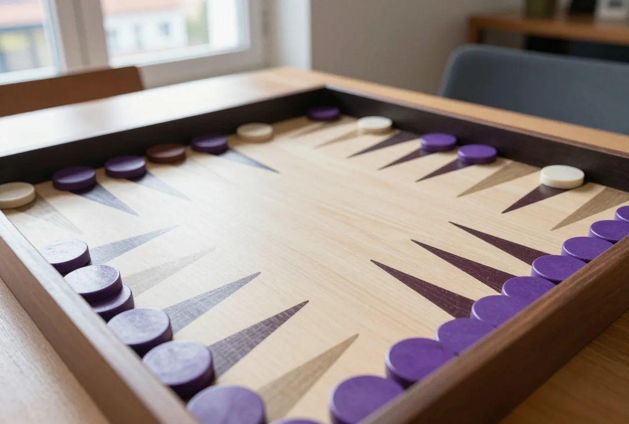 Draufsicht auf ein Backgammon-Brett mit abwechselnd gefärbten Dreiecken und gestapelten runden Steinen