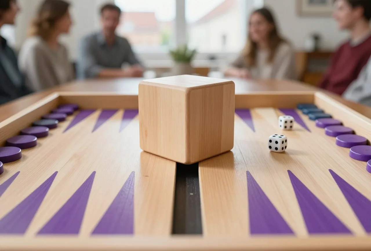 Ein großer Holzwürfel liegt auf dem Mittelsteg eines Backgammon-Bretts, daneben zwei kleine Würfel