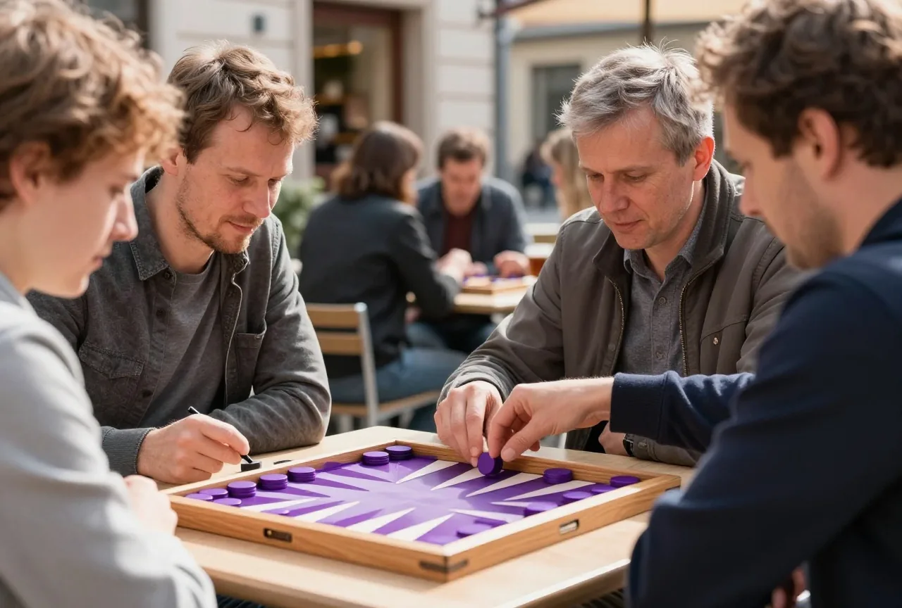 Zwei Erwachsene spielen an einem Cafétisch im Freien Backgammon, eine Hand zieht gerade einen Stein