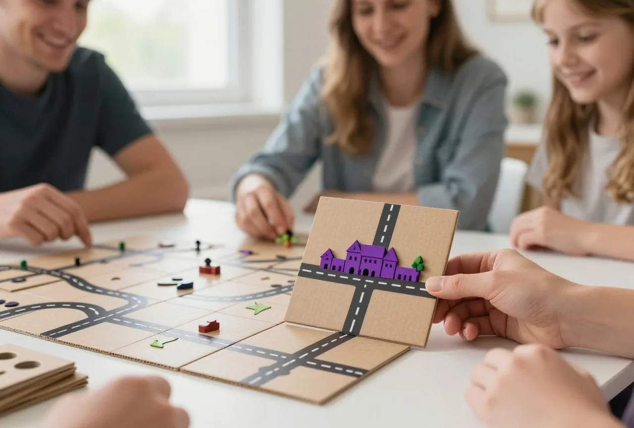 Eine Hand legt ein quadratisches Plättchen mit Straße und kleiner Stadt an ausliegende Plättchen an