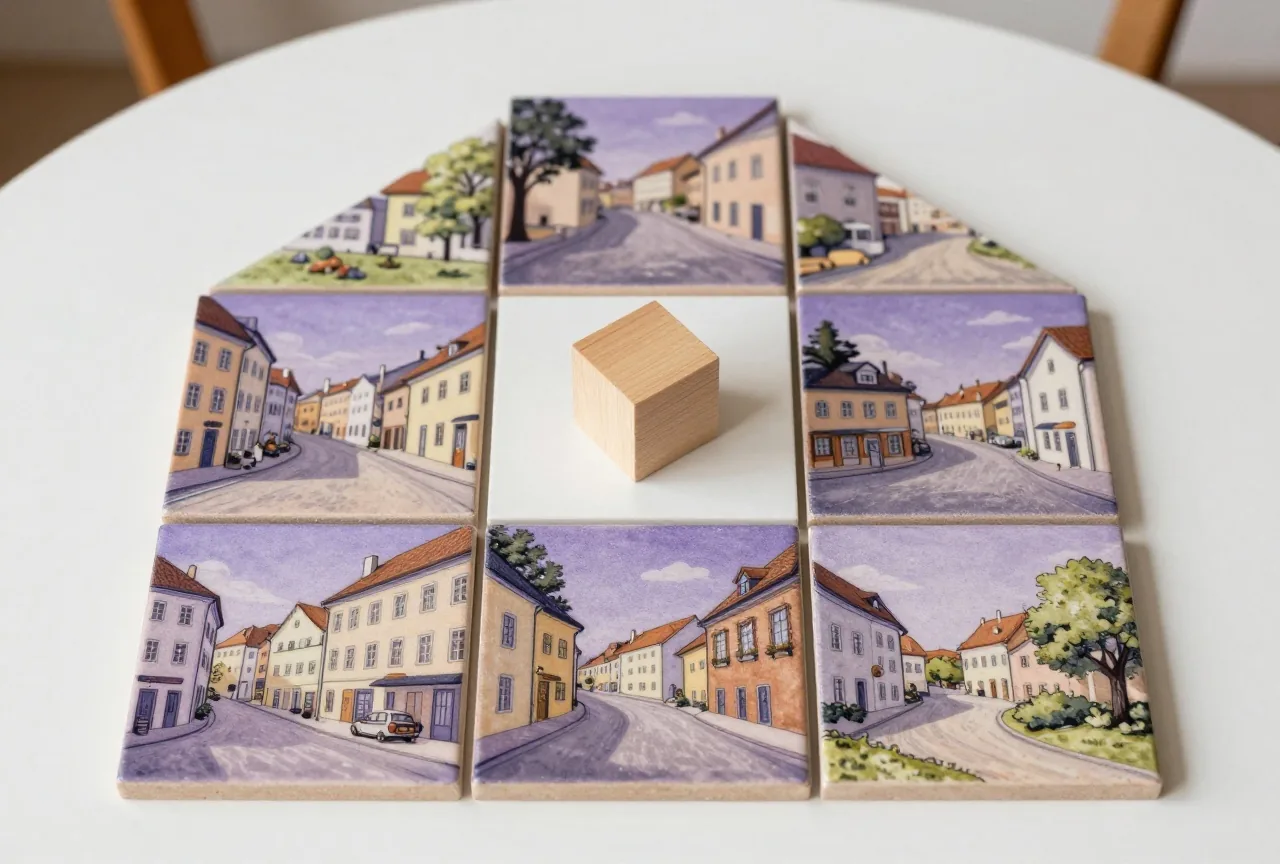 Ein Plättchen mit Kloster in der Mitte, rundherum acht Landschaftsplättchen, darauf ein kleiner Holzwürfel
