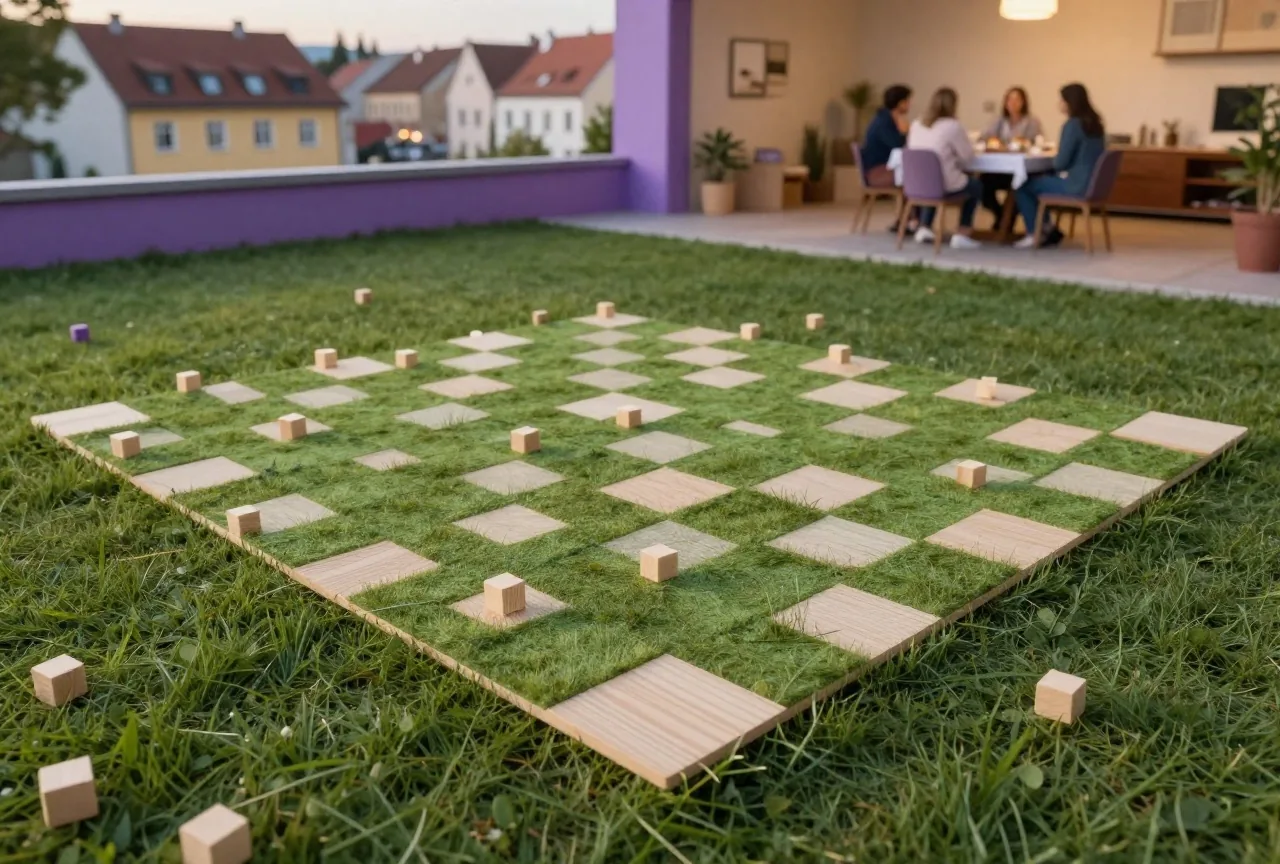 Kleine Holzwürfel auf grünen Wiesenflächen der Plättchen, am Rand eine ummauerte Stadt