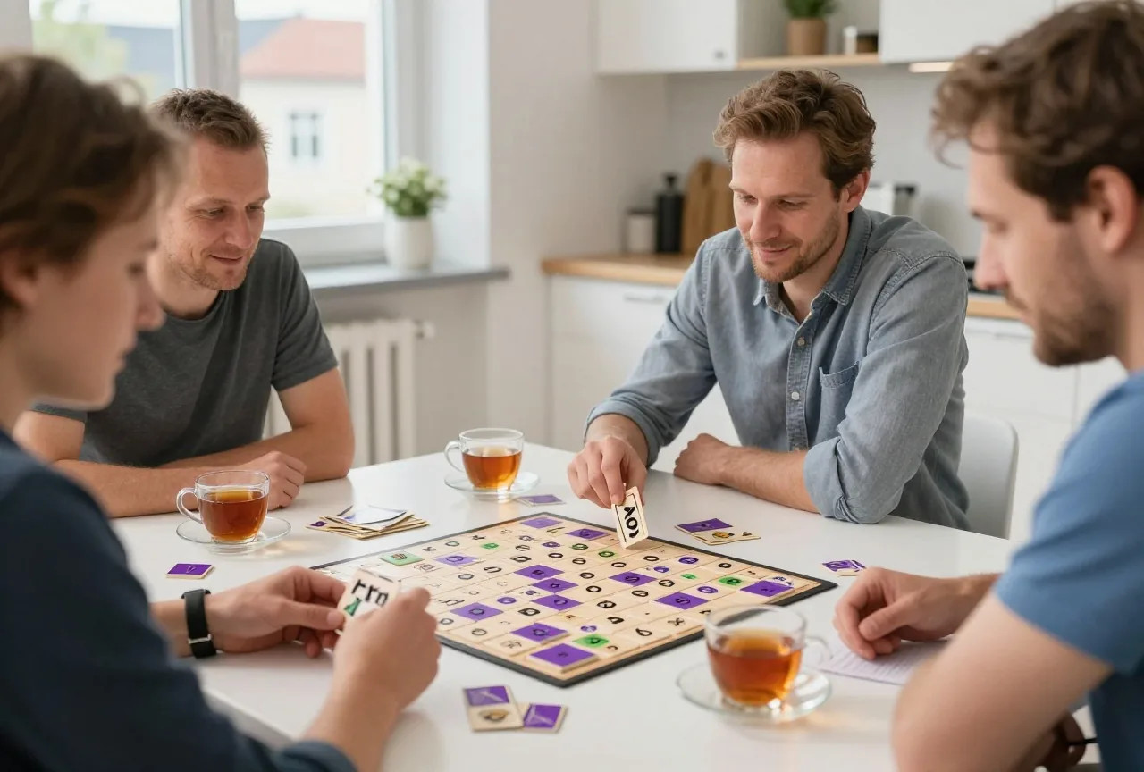 Vier Erwachsene am Küchentisch beim Brettspiel, eine Person reicht einer anderen eine Karte