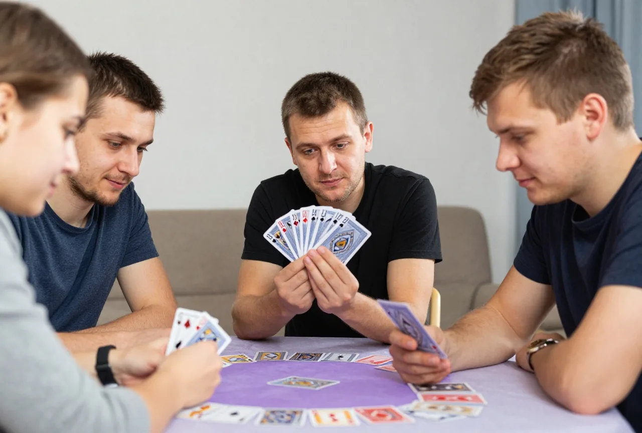 Drei Erwachsene am Spieltisch am Abend, eine Frau hält ihre Karten verdeckt an sich, die anderen schauen aufmerksam