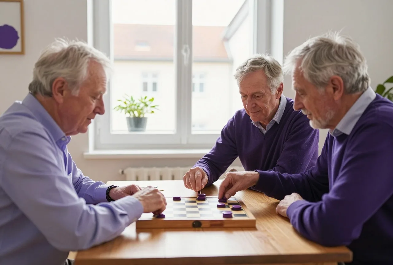 Zwei ältere Erwachsene spielen an einem Holztisch im Wohnzimmer eine Partie Dame