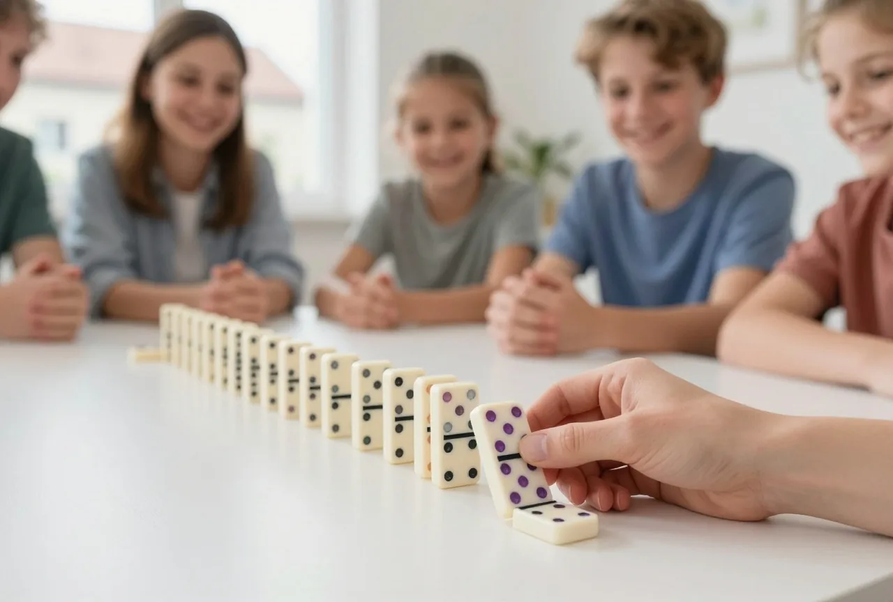 Eine Hand legt einen Dominostein mit passender Hälfte an das offene Ende einer Kette