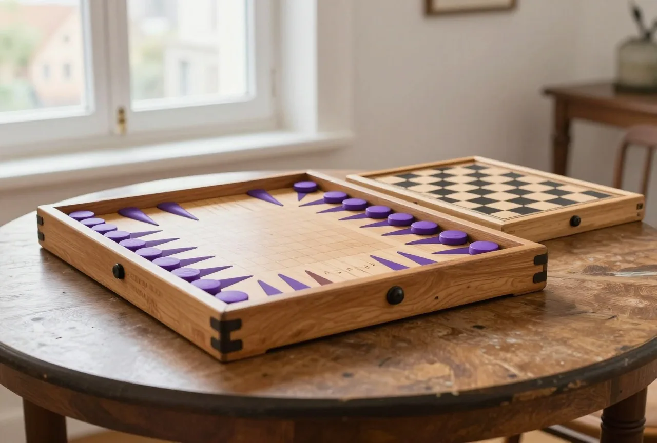 Ein altes Go-Brett, ein Backgammon-Kasten und ein Damebrett nebeneinander auf einem antiken Tisch