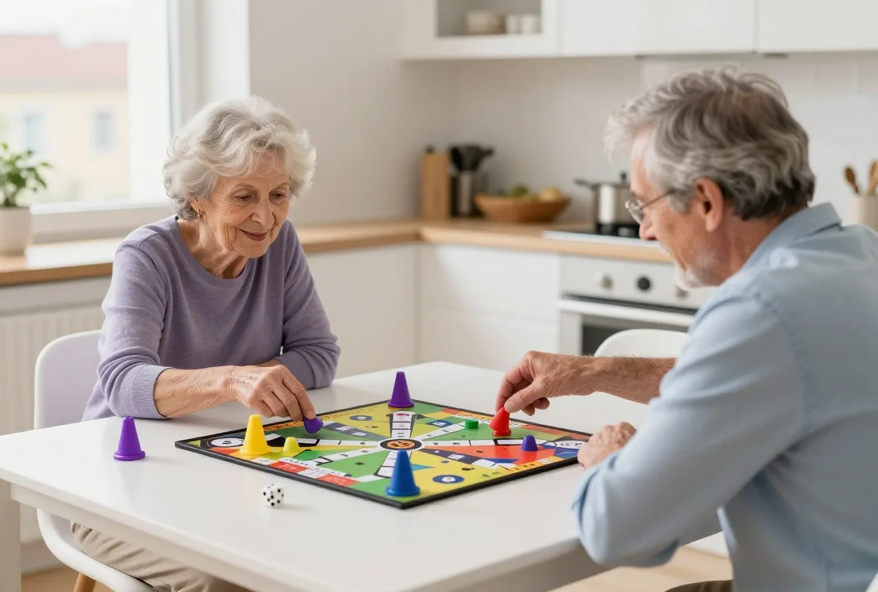Eine Großmutter und ein Großvater spielen am Küchentisch ein Laufspiel mit farbigen Kegelfiguren und Würfel