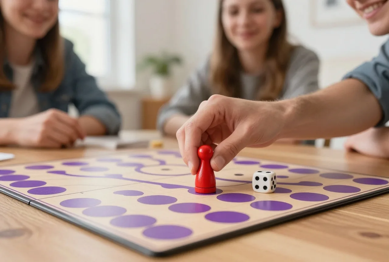 Eine Hand zieht eine rote Holzfigur über runde Felder eines Spielbretts, daneben liegt ein Würfel