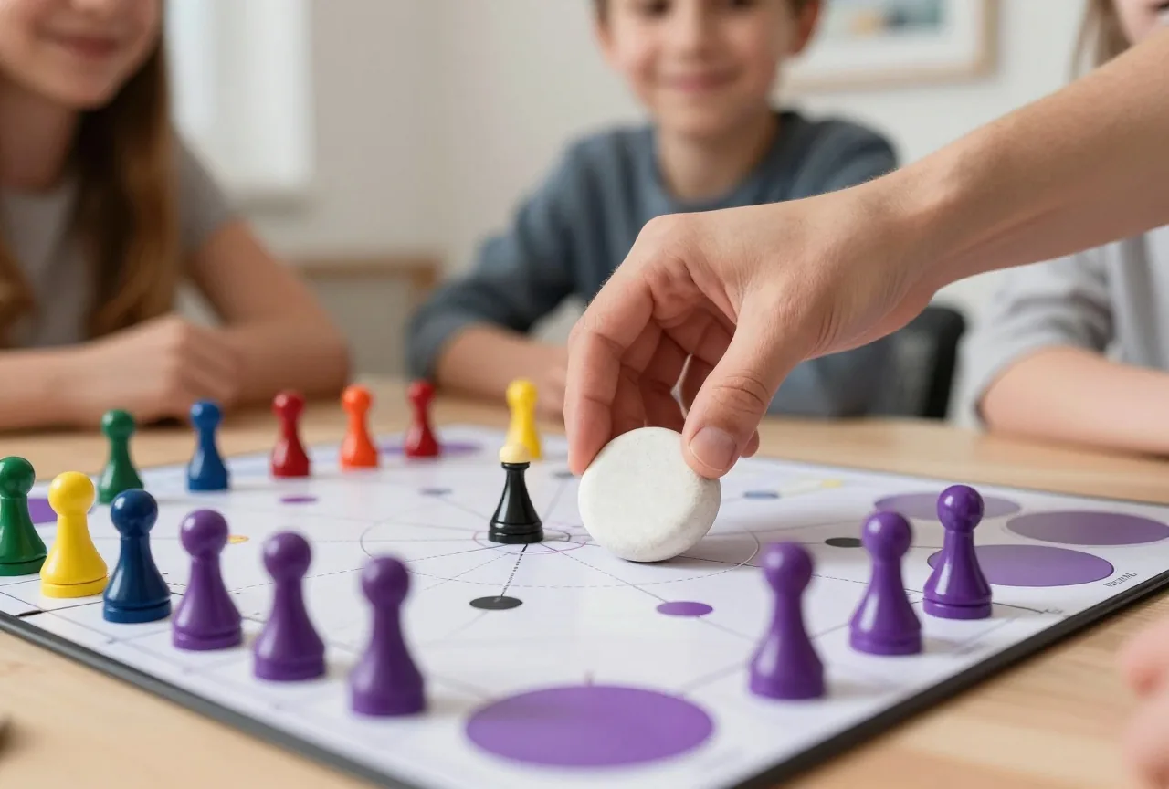 Eine Hand hebt einen weißen Sperrstein von einem Weg auf dem Spielbrett, daneben warten bunte Figuren