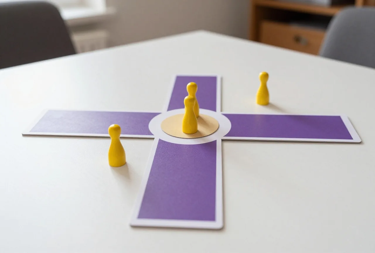 Eine Ecke des Spielplans: drei gelbe Figuren warten im Startbereich, eine steht schon auf dem Feld A