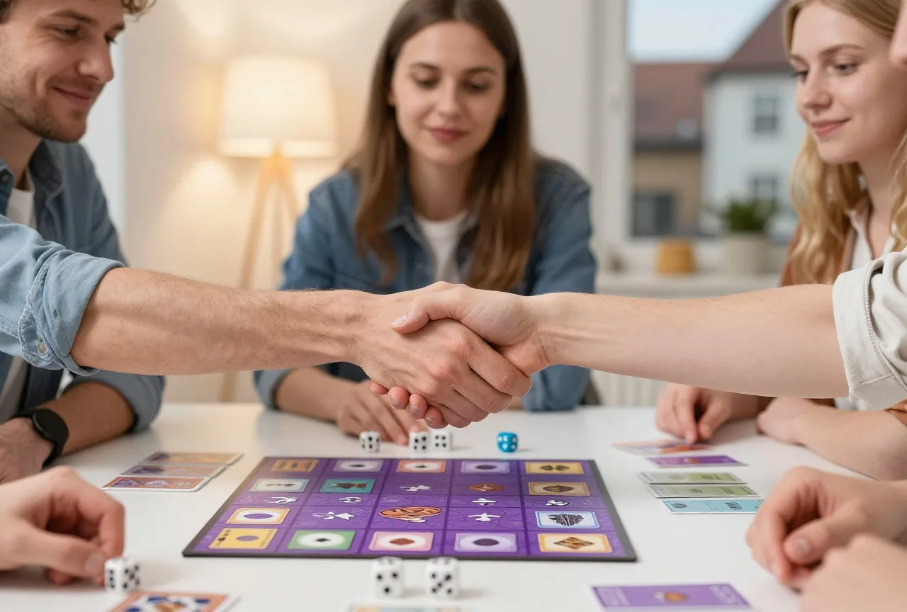 Zwei Erwachsene geben sich über dem Spieltisch die Hand, vorn liegen verdeckte Karten und Würfel