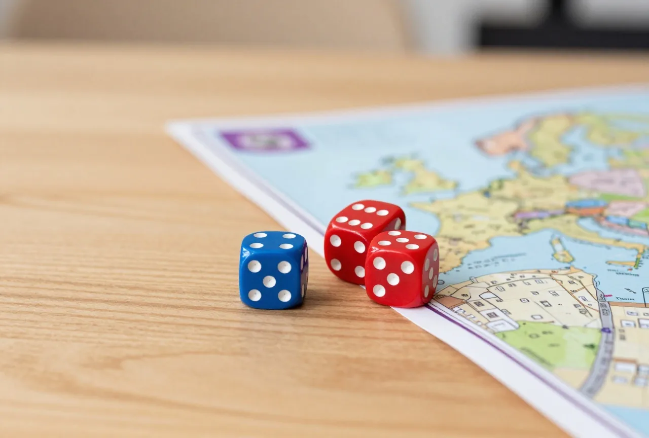 Drei rote und zwei blaue Würfel liegen nach dem Wurf neben dem Rand eines bemalten Kartenspielplans