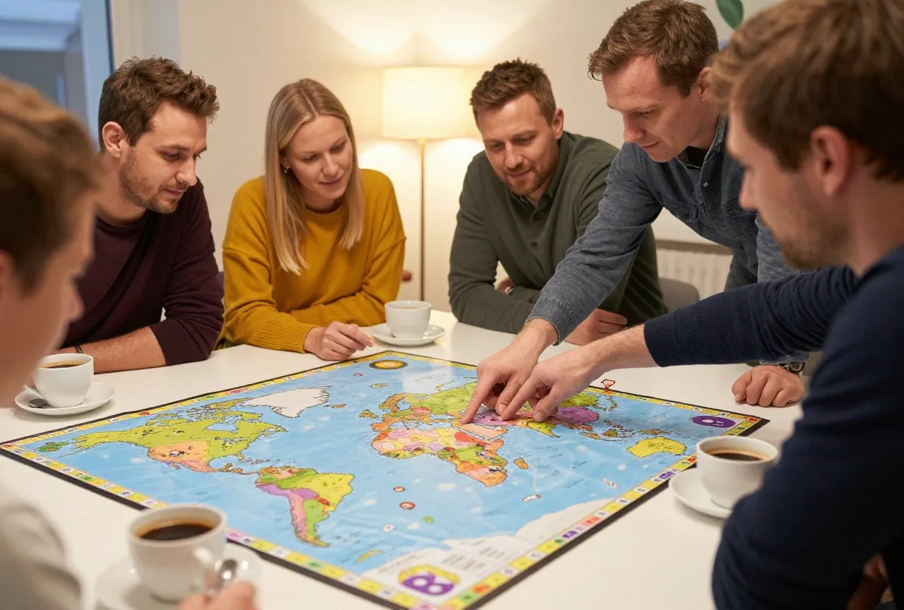 Vier Erwachsene beugen sich am Abend über einen großen Weltkarten-Spielplan, eine Person zeigt auf eine Region