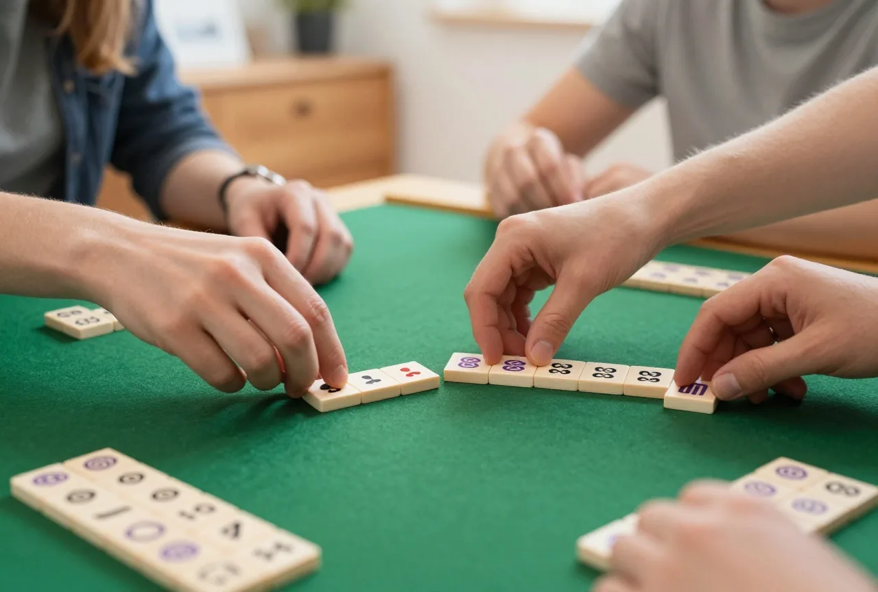 Zwei Hände verschieben helle Spielsteine zwischen mehreren ausgelegten Reihen auf grünem Filz
