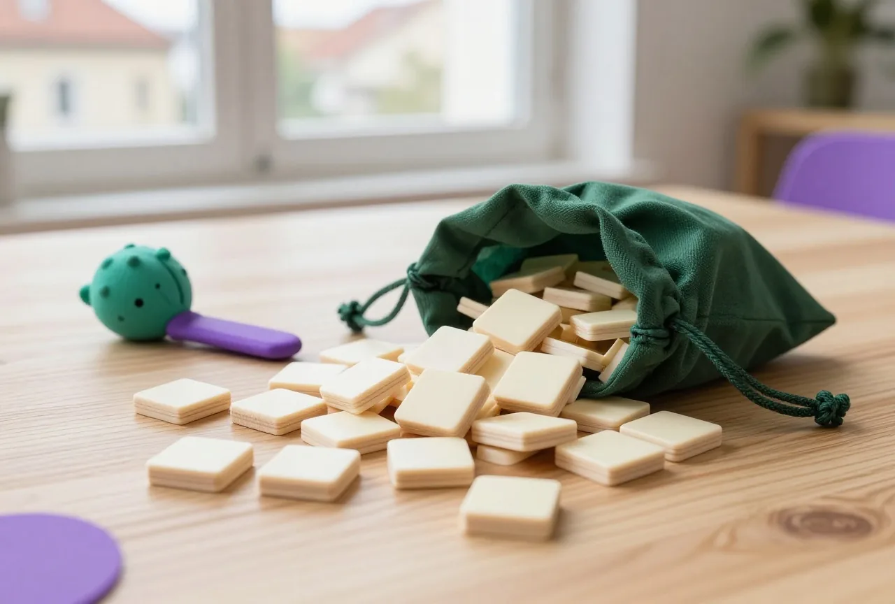 Ein grüner Stoffbeutel, aus dem kleine helle Holzsteine auf einen Eichentisch fallen