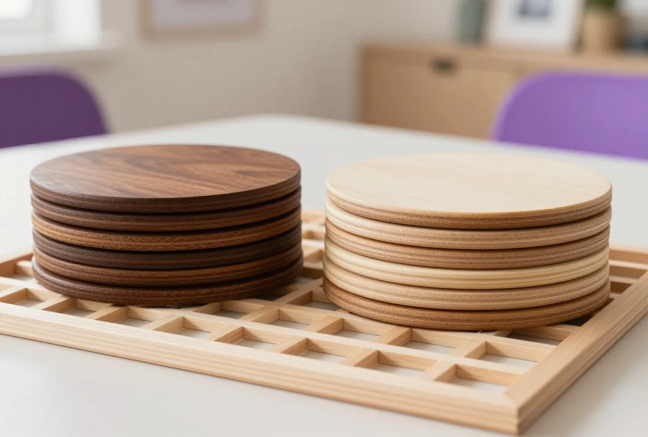 Zwei Stapel runder Holzchips in Dunkelbraun und Hellbeige neben einem flach liegenden Holzraster