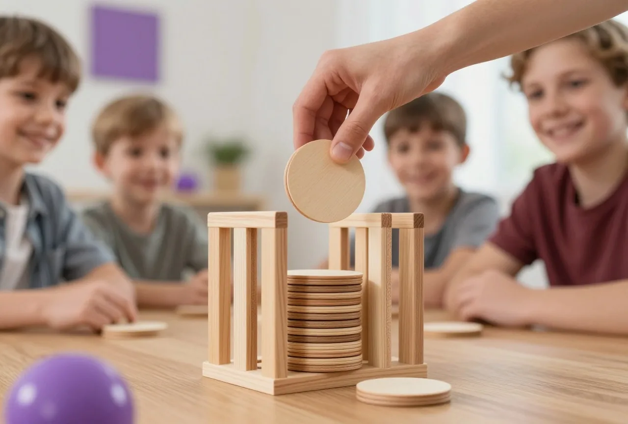 Eine Hand wirft einen hellen Chip in die mittlere Spalte eines Holzrasters