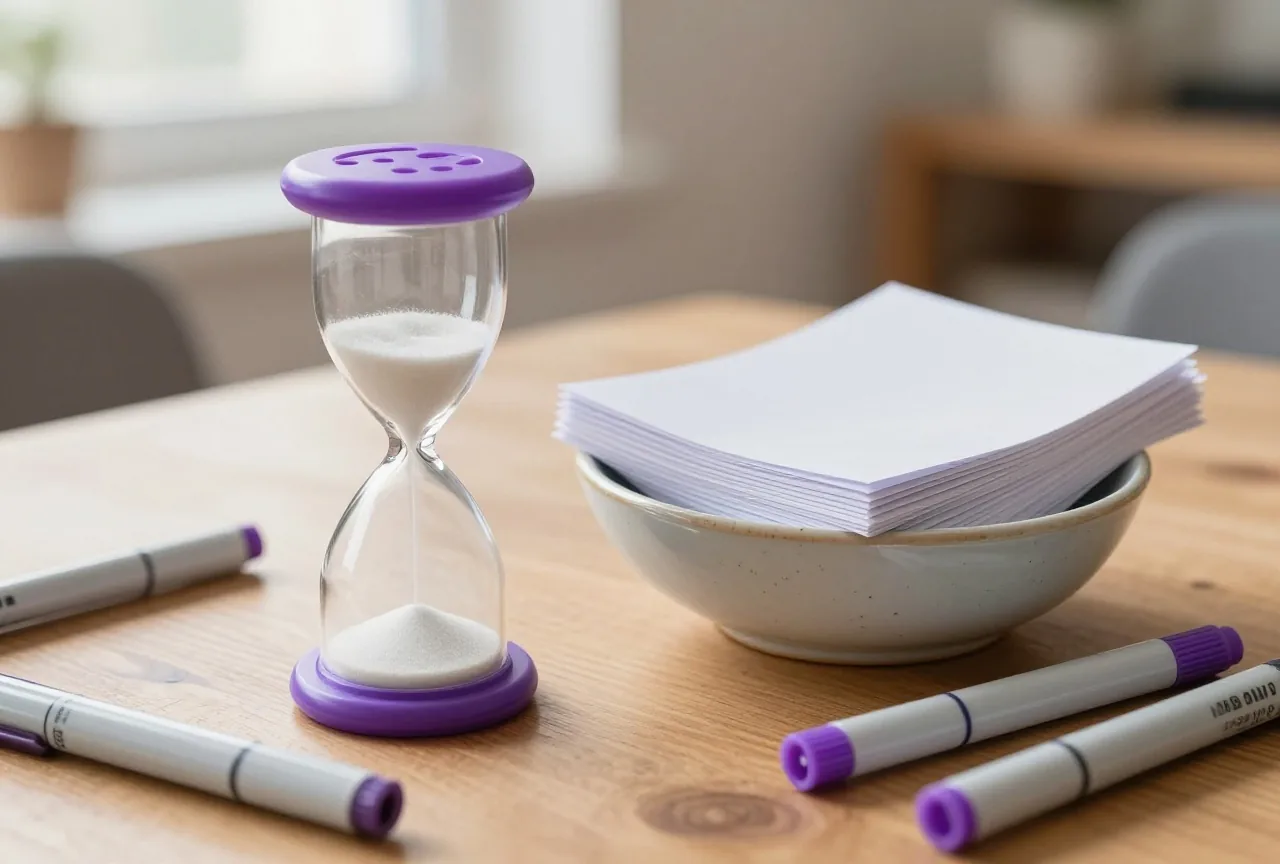 Eine kleine Sanduhr, gefaltete Zettel in einer Keramikschale und dicke Stifte auf einem Holztisch