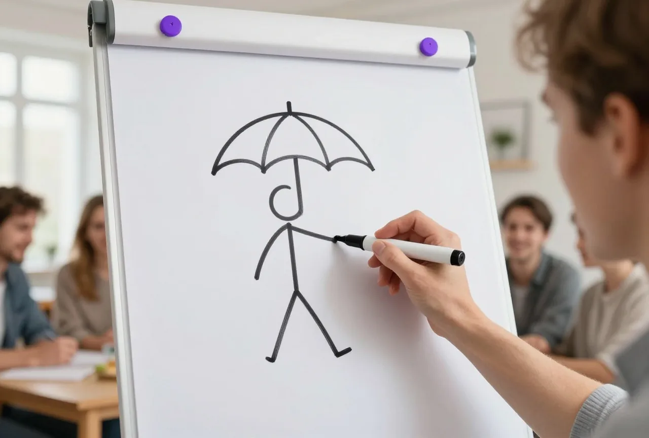 Eine Hand zeichnet mit einem dicken Stift ein Strichmännchen mit Regenschirm auf einen Block an der Staffelei