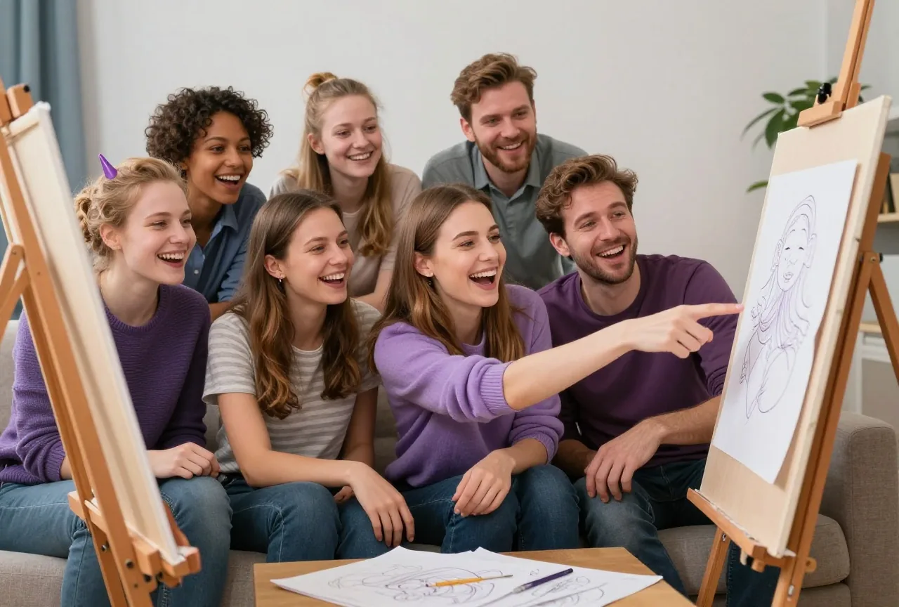 Fünf junge Erwachsene auf einem Sofa lachen und zeigen auf eine Zeichnung an einer Staffelei