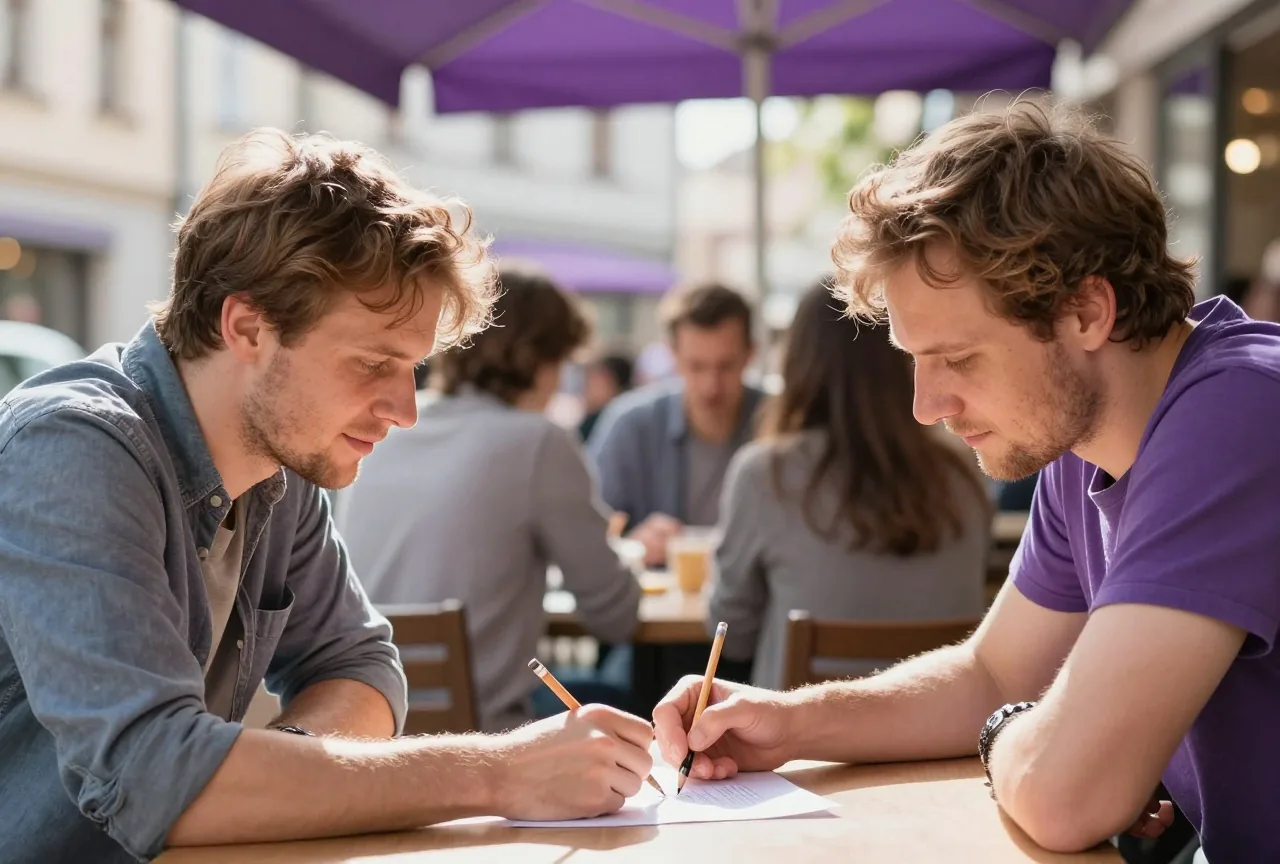 Zwei Erwachsene sitzen sich im Café gegenüber und beugen sich mit einem Bleistift über ein kleines Blatt