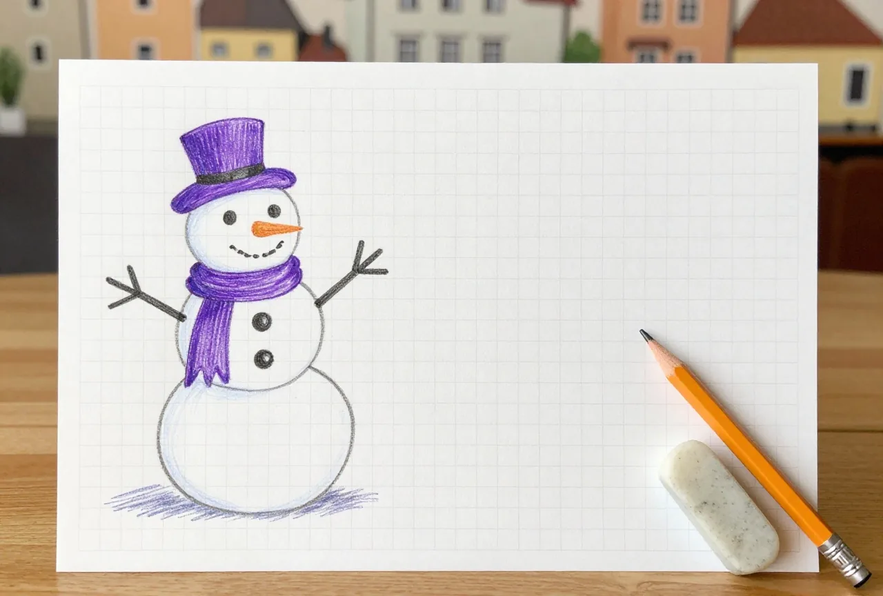 Eine einfache Bleistiftzeichnung eines Schneemanns auf kariertem Papier neben einer Reihe kurzer Striche