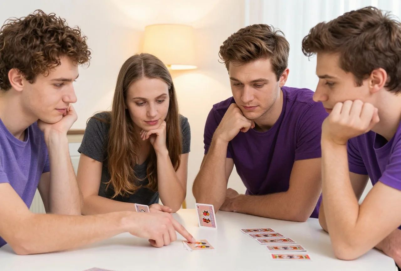 Vier Freunde beugen sich gemeinsam über den Tisch, eine Person zeigt auf eine Reihe verdeckter Karten