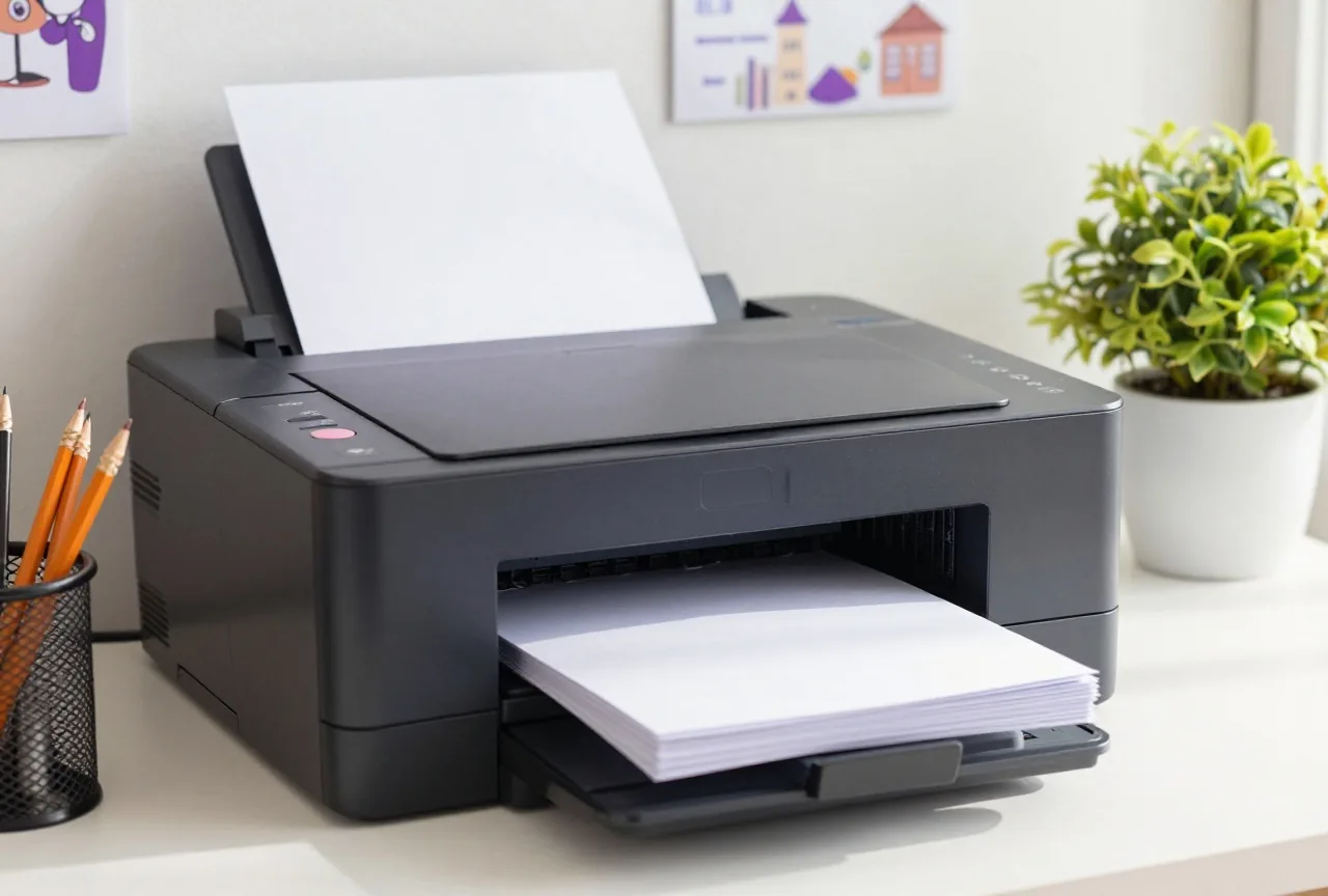 Ein Stapel frisch gedruckter Blätter neben einem Drucker im Arbeitszimmer, daneben ein Stiftebecher und eine Pflanze