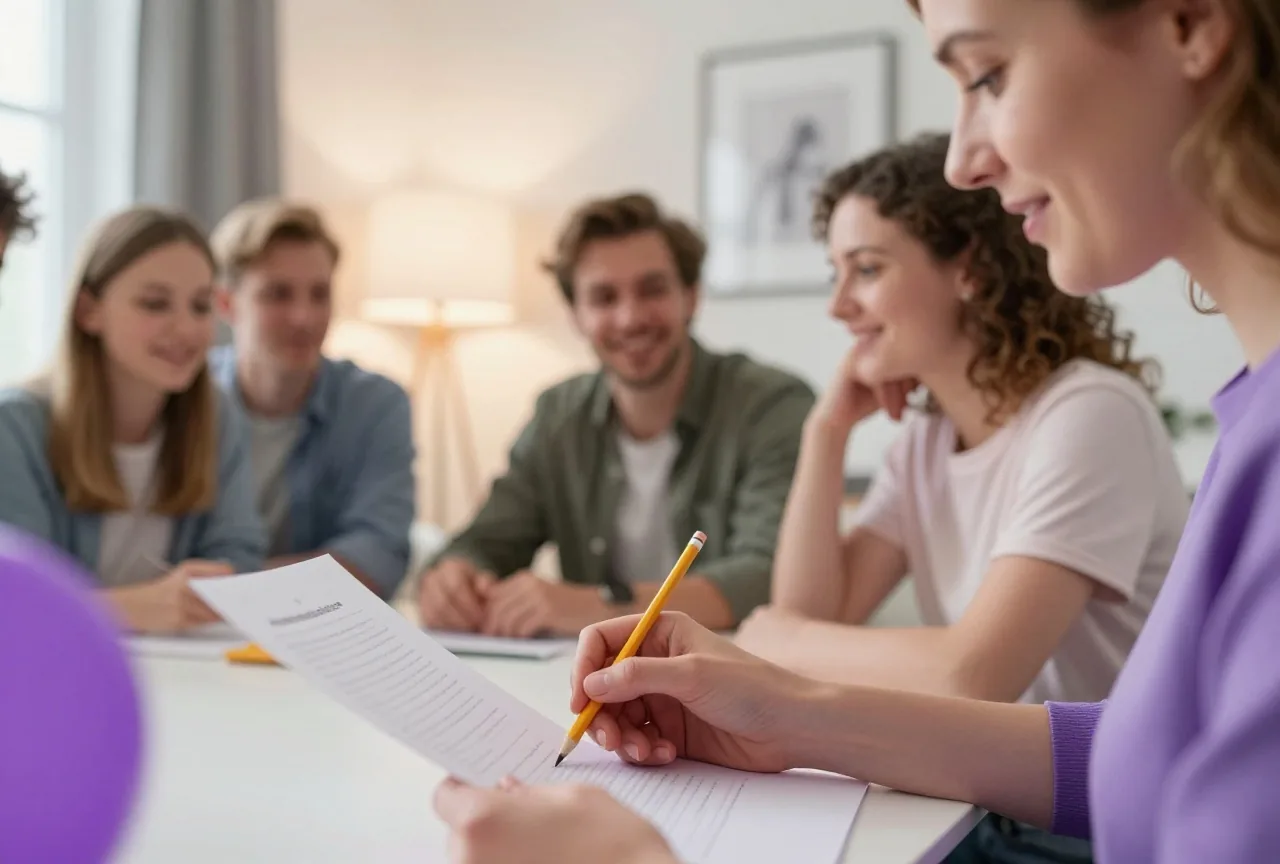 Eine Frau hält am Esstisch einen Bleistift über ein Blatt Papier, im Hintergrund unterhalten sich Freunde