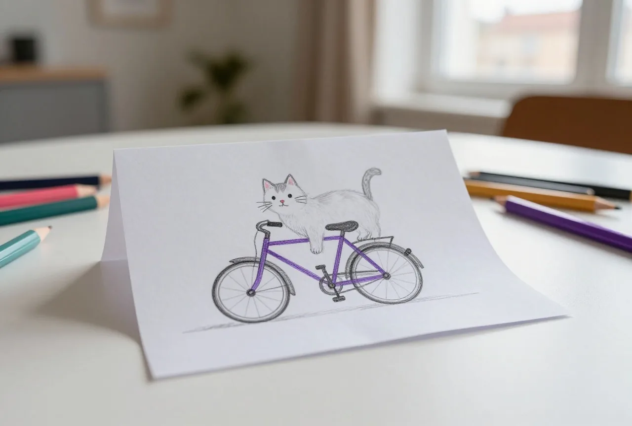 Ein gefalteter Papierstreifen mit einer Bleistiftskizze einer Katze auf einem Fahrrad, daneben Buntstifte