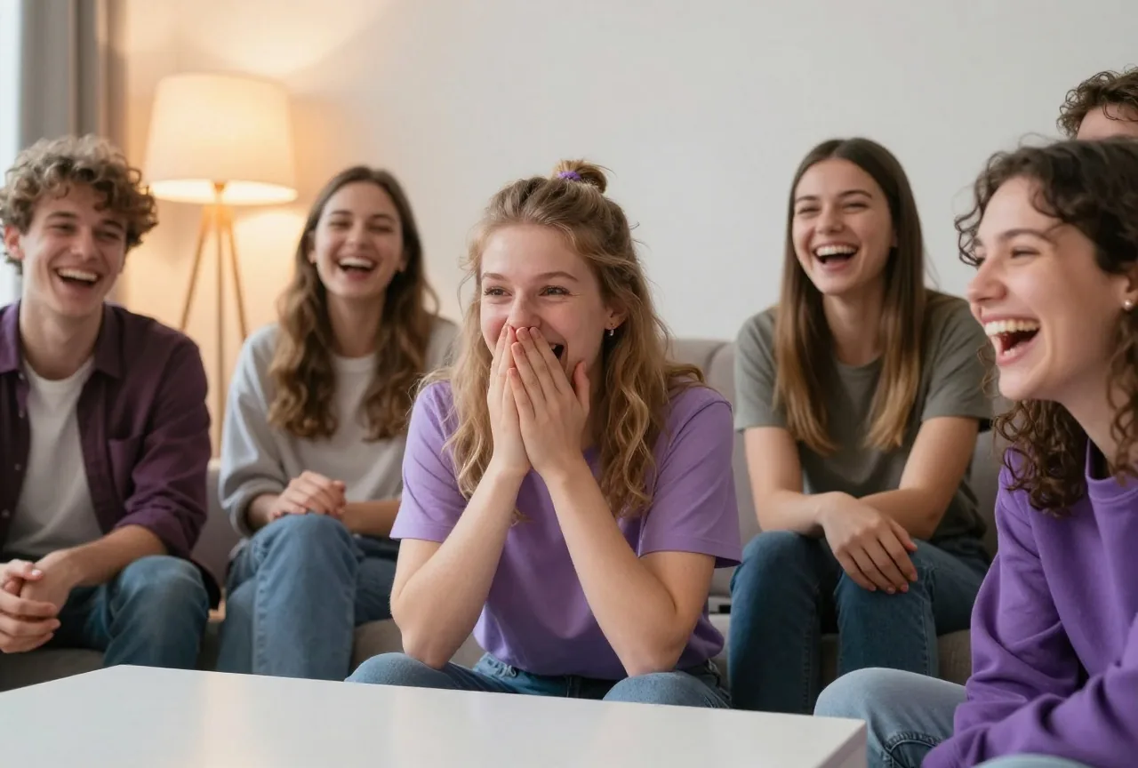 Eine Gruppe junger Freunde lacht laut auf dem Sofa, ein Mann hält sich überrascht die Hand vor den Mund