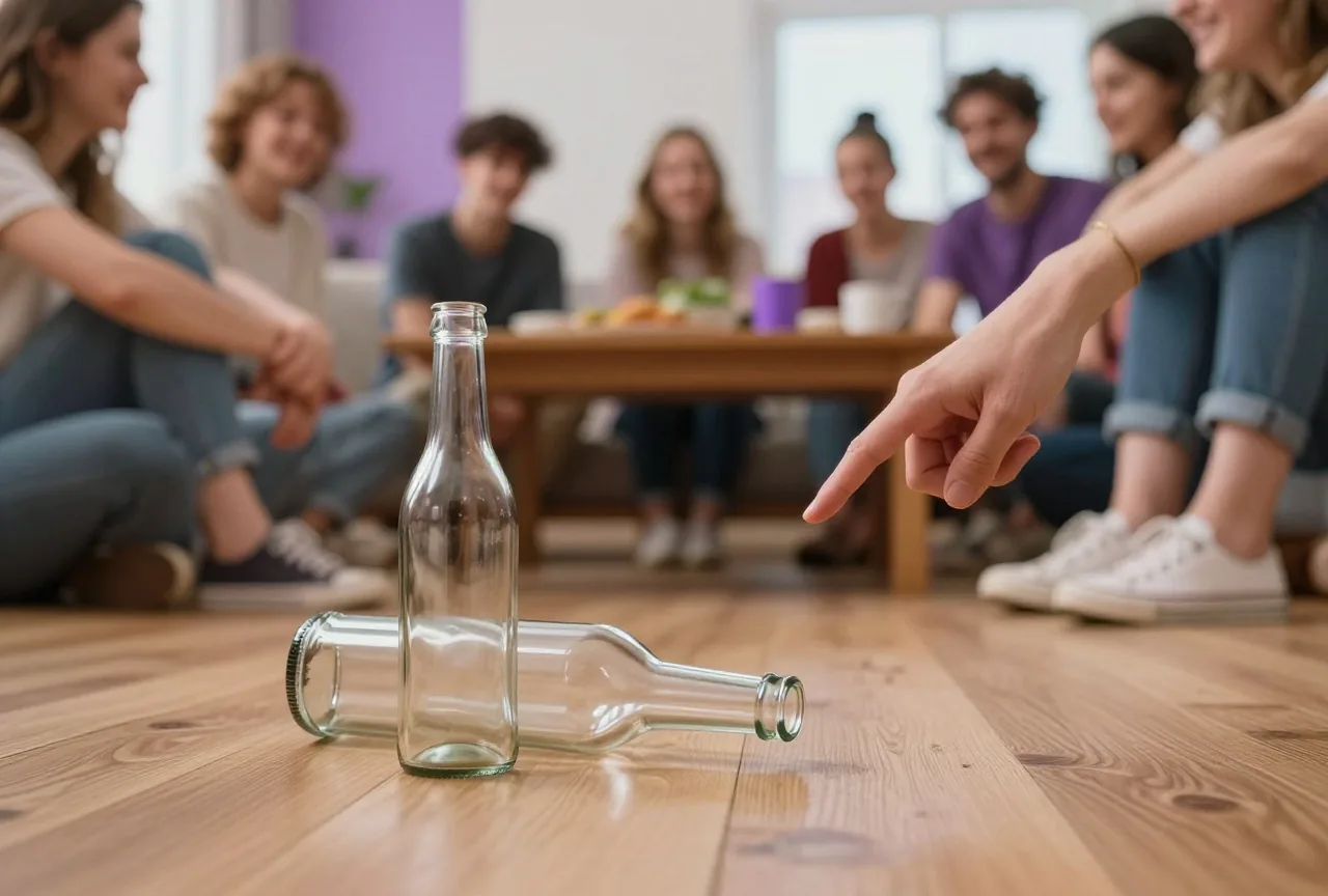 Eine leere Glasflasche liegt auf dem Holzboden und zeigt auf ein Paar Schuhe im Sitzkreis