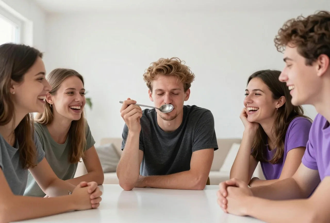 Ein junger Mann balanciert einen Löffel auf der Nase, um ihn herum lachen seine Freunde