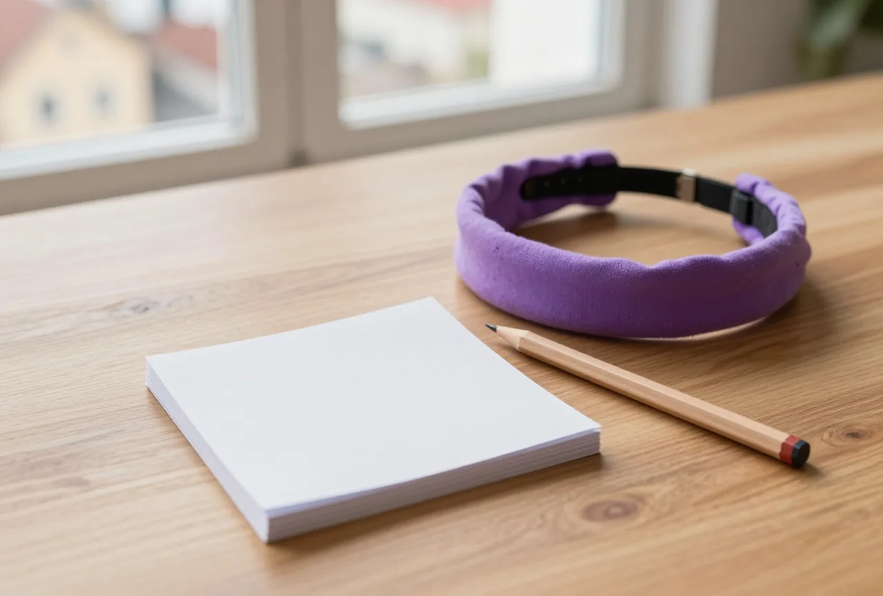 Ein Stapel leerer Zettel, ein Bleistift und ein schlichtes Stirnband aus Stoff liegen auf einem Holztisch