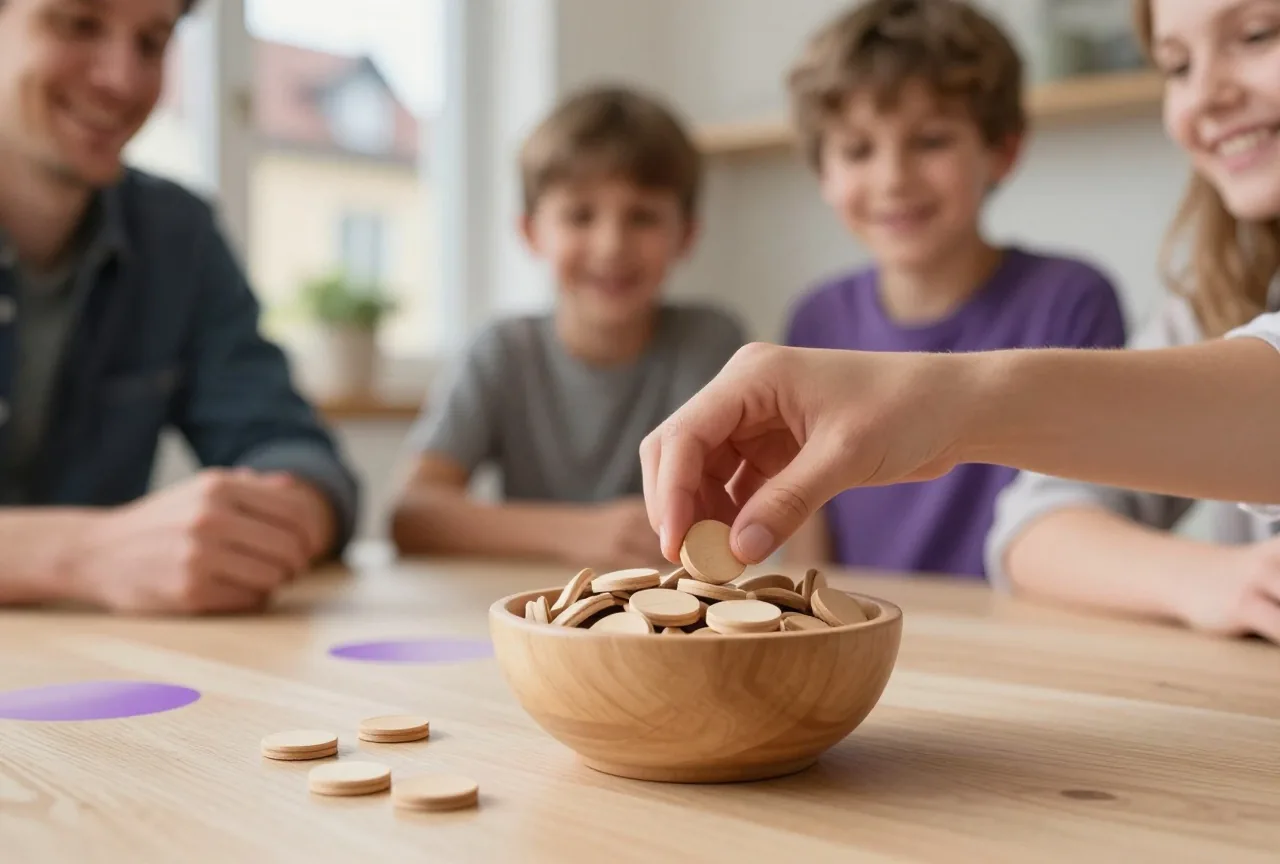 Eine Schale mit schlichten Holzmarken auf dem Küchentisch, eine Hand legt eine Marke zurück