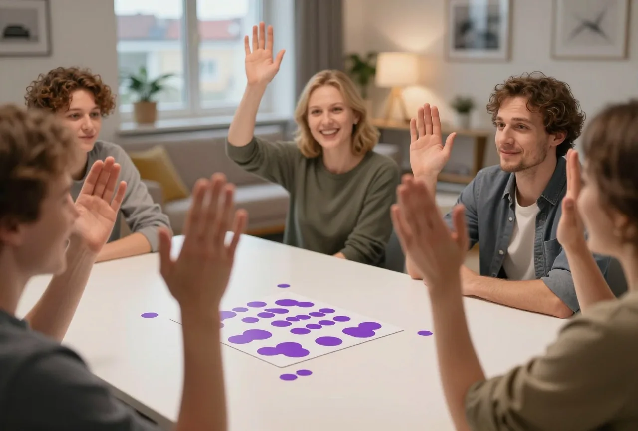 Mehrere erhobene Hände über einem Tisch in einem gemütlichen Wohnzimmer, die Gesichter sind nicht zu sehen