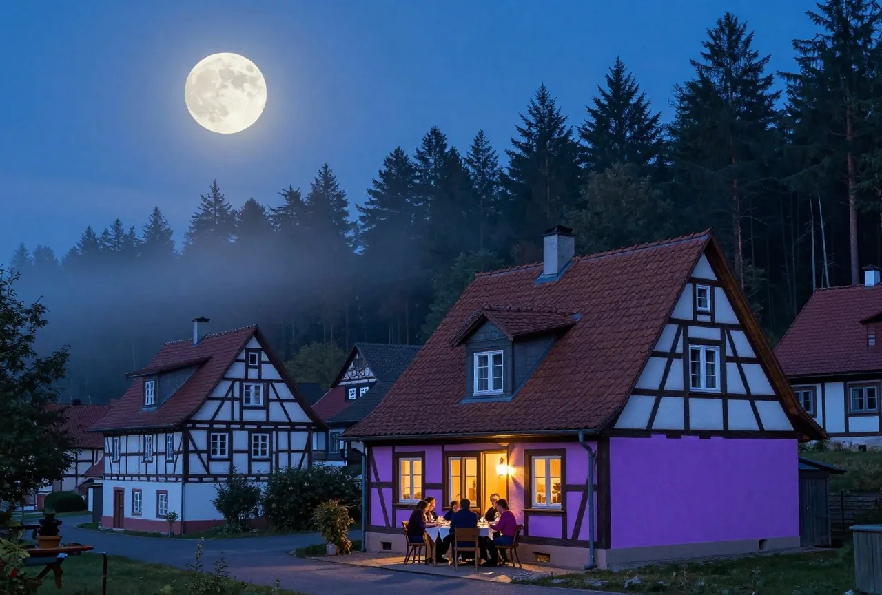 Ein altes Dorf mit Fachwerkhäusern unter dem Vollmond am Rand eines nebligen Nadelwaldes bei Nacht