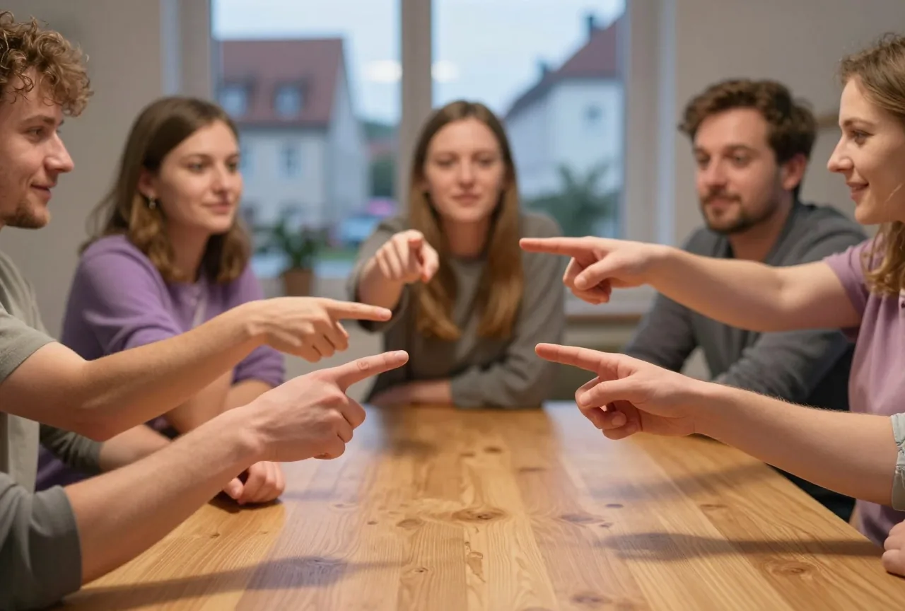 Mehrere Hände zeigen bei einer lebhaften Diskussion auf die Mitte eines Holztisches, Gesichter nicht im Bild