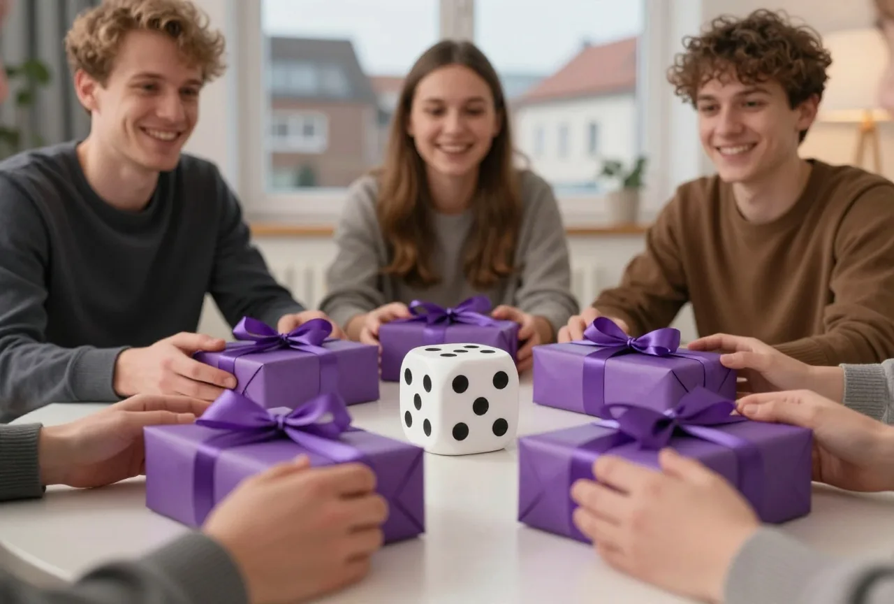 Ein weißer Würfel liegt zwischen verpackten Geschenken in der Tischmitte, von den Seiten greifen Hände danach