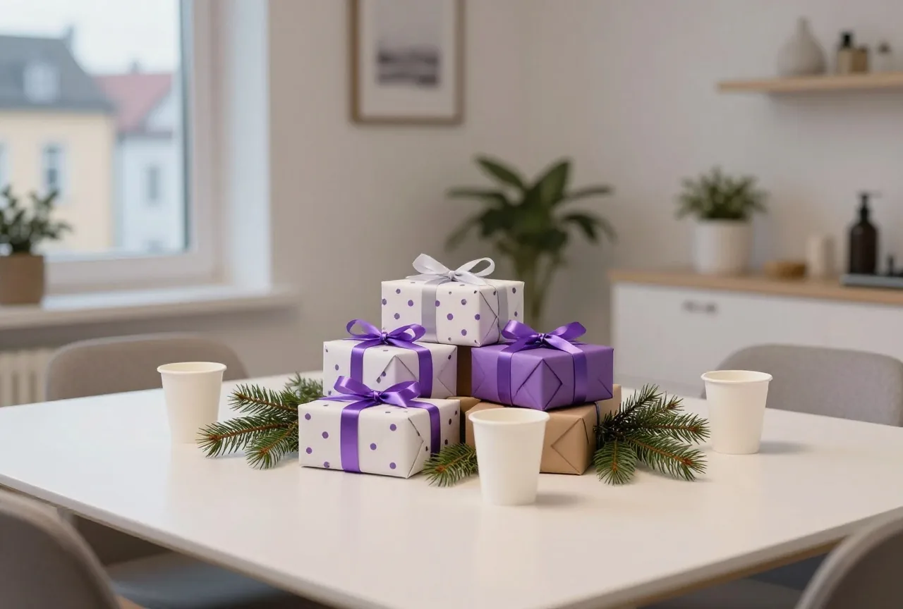Ein festlich gedeckter Tisch im Pausenraum mit einem kleinen Stapel verpackter Geschenke und Tannenzweigen
