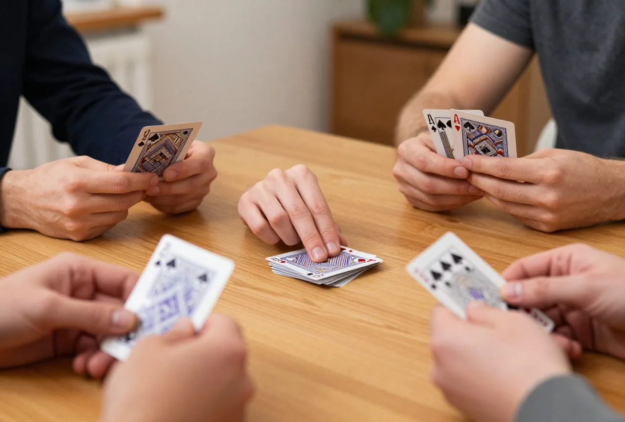 Eine Hand legt eine verdeckte Karte auf den Stapel in der Tischmitte, drei andere Hände halten ihre Karten