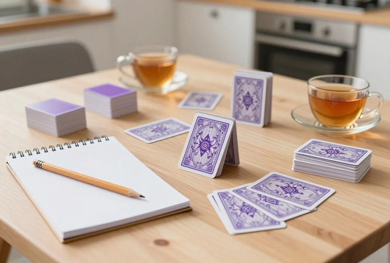Küchentisch nach dem Kartenspiel mit Bleistift, leerem Notizblock, gemischtem Kartenstapel und zwei Teetassen