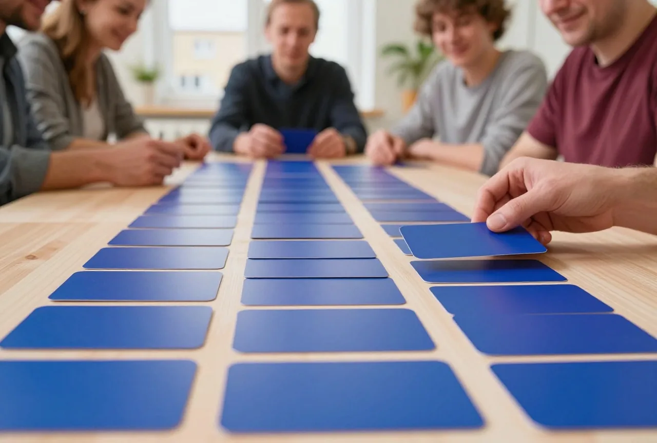 Eine lange Reihe überlappender blauer Karten auf dem Tisch, eine Hand legt eine weitere Karte an