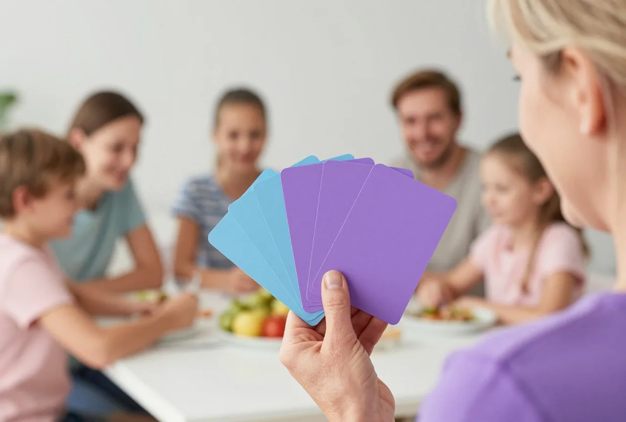 Eine ältere Frau hält einen Fächer bunter Karten dicht an sich, von hinten über die Schulter gesehen