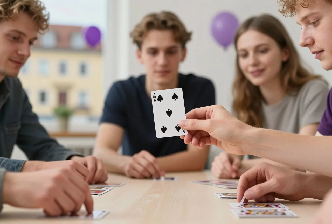Eine einzelne verdeckte Karte zwischen zwei Fingern über dem Tisch, andere Hände greifen zum Stapel