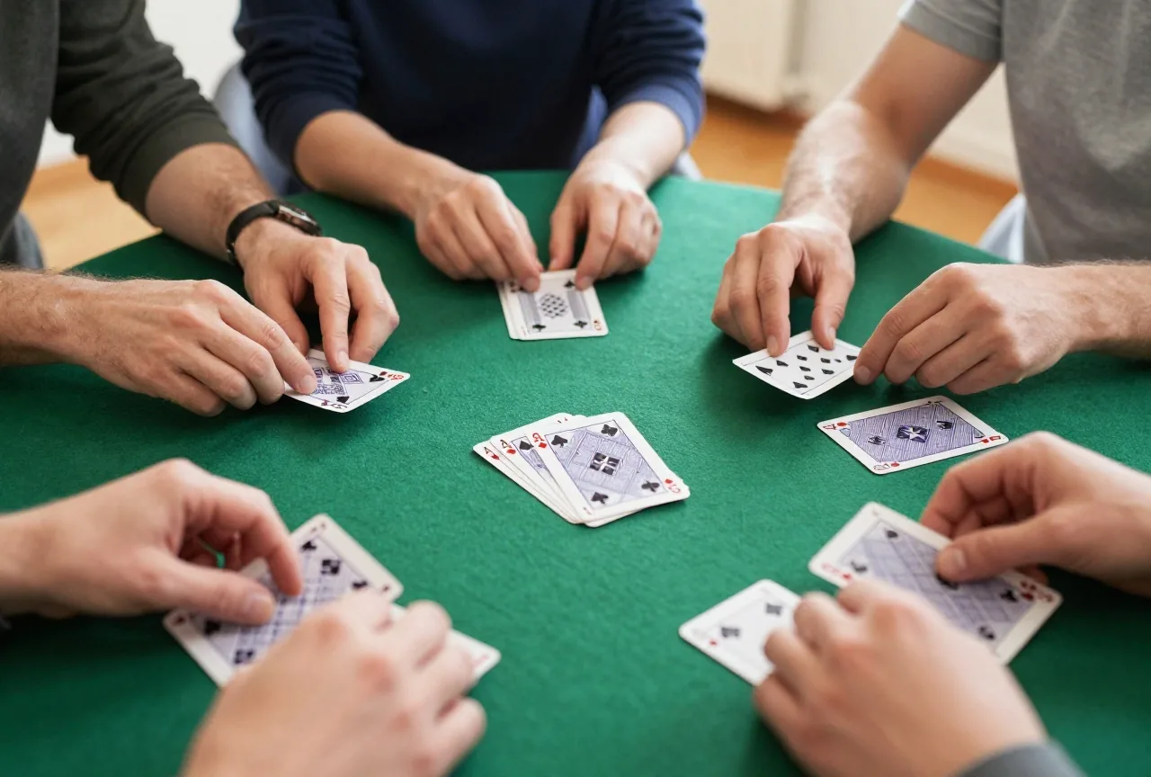 Hände ordnen verdeckte Spielkarten auf grünem Filz zu kleinen Gruppen aus drei und vier Karten