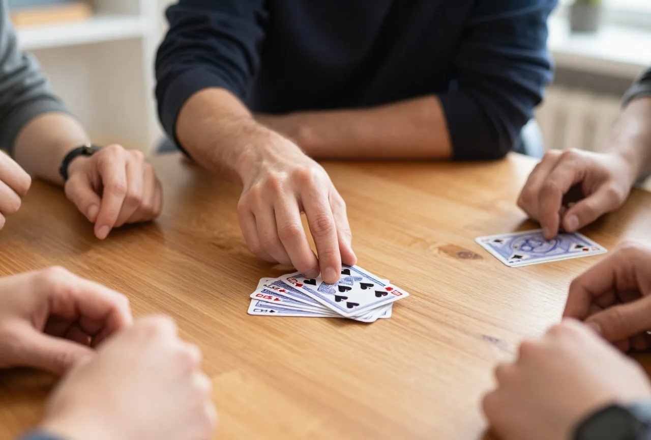 Eine Hand legt eine verdeckte Karte auf einen Stich in der Tischmitte, andere Hände ruhen am Rand