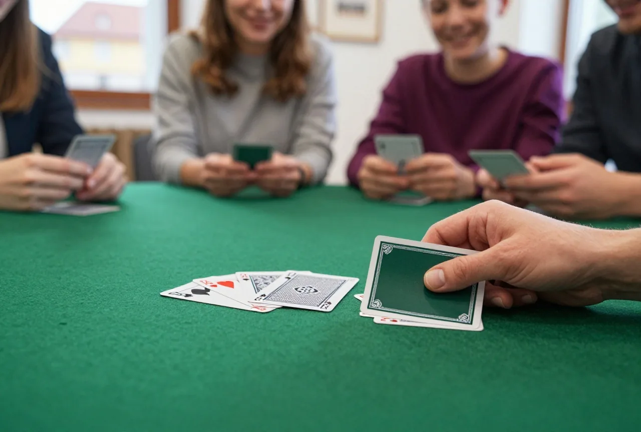 Eine Hand schiebt eine Spielkarte zu drei Karten, die in der Mitte eines grünen Filztuchs liegen