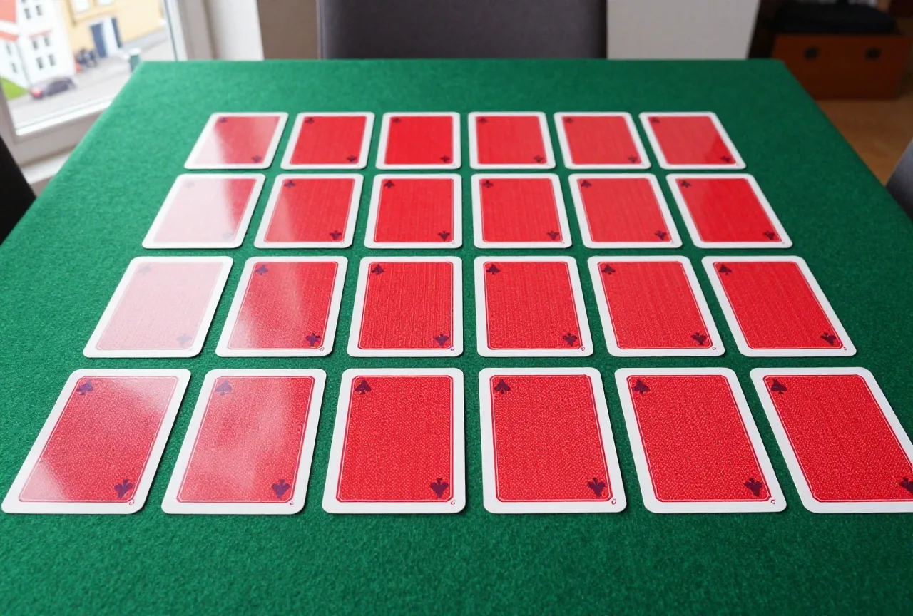 Zweiunddreißig verdeckte Spielkarten liegen in vier ordentlichen Reihen auf grünem Filz